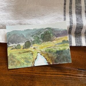Original Watercolor painting landscape scenery hillside river stream trees field